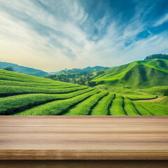 Obraz premium wooden table top against a tea plantation landscape blue sky 4