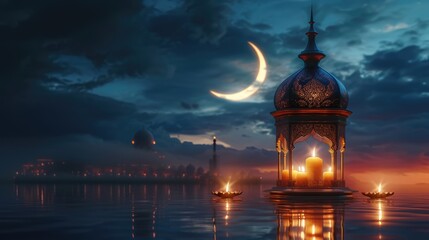Celebrating spirit of Eid al-Fitr: Islamic traditions, fasting reflections, divine crescent moon, honoring Prophet Muhammad's teachings in festive feast breaking fast during sacred month Ramadan. - obrazy, fototapety, plakaty