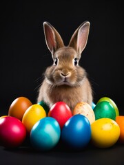 Fototapeta na wymiar Cute easter bunny and colored eggs on black background.