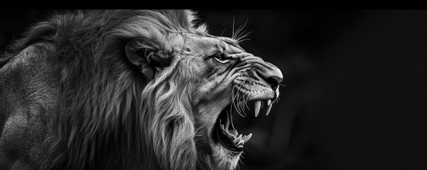 Close-up of an angry lion's head. lion in monochrome style