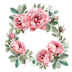 Outdoor kussens Elegant pink peonies in watercolor style with soft green leaves wreath isolated and abstract watercolor splashas, white background © Idressart