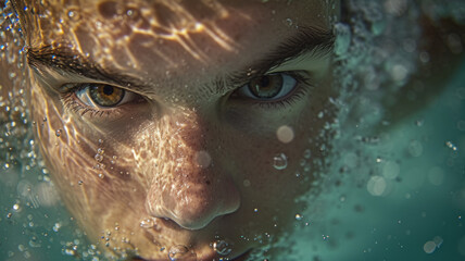 Close-up of a man's face in the water.