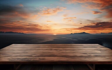 Fototapeta na wymiar realistic photo of wooden table with sea, island and sunset in the background. generative ai