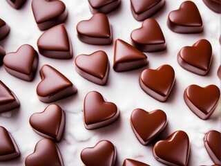 Fototapeta premium romantic heart shape chocolate on a white winter snow tabletop, Valentine, anniversary, birthday and wedding sweets pattern