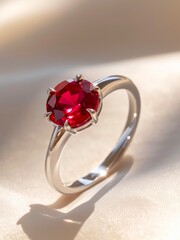 Silver ring with red ruby gemstone.