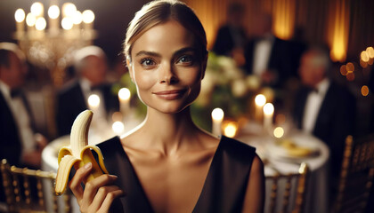 Elegant woman at a formal event playfully holding a banana, with a chandelier-lit ballroom and guests in the soft-focus background, conveying a quirky charm. AI generated.