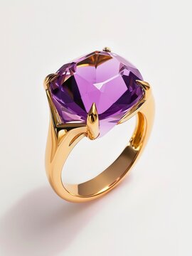 Golden ring with amethyst gemstone on white background.