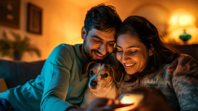 Joyful Urban Couple Capturing Indoor Moments With Their Pet Using Mobile.