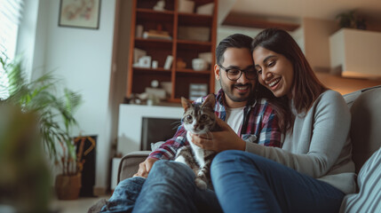 Obraz na płótnie Canvas Joyful urban couple capturing indoor moments with their pet using mobile.