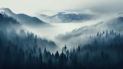 Foggy pine forest scene, aerial view.