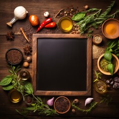 Fototapeta na wymiar A flavorful food background featuring spices, herbs, and kitchen tools. Top view.