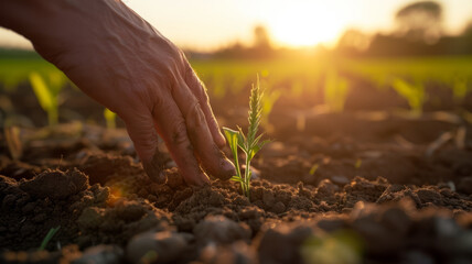 The hands of a farmer feel the soft soil