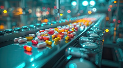 A cutting-edge pharmaceutical factory featuring dynamic pills in motion on a conveyor, exemplifying drug manufacturing at its finest. - obrazy, fototapety, plakaty