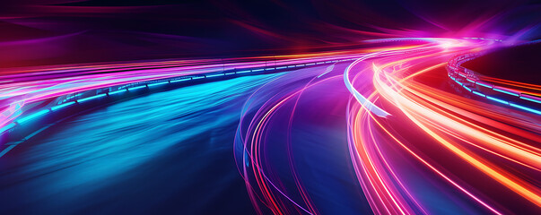 A neon-lit speedway with colorful lines resembling a glowing energy stream, power jet, and curvy ribbon, forming a fantastic and dynamic wallpaper