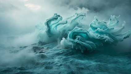 Teal-colored fog swirling and twirling, conjuring a tempestuous atmosphere and capturing the essence of dynamic change. - obrazy, fototapety, plakaty
