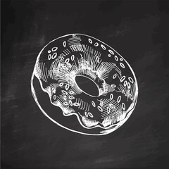 A hand-drawn sketch of donut. Vintage illustration on chalkboard background. Pastry sweets, dessert. Element for the design of labels, packaging and postcards.