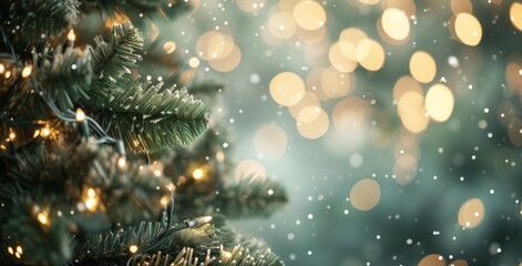 Obraz na płótnie Canvas Enchanted Snowy Christmas Tree with Golden Bokeh Lights