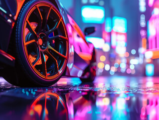 Close-up of a sports car wheel on a night street.