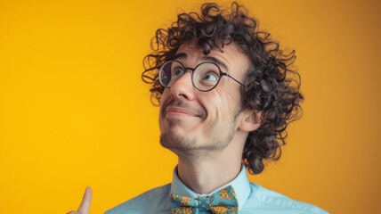 Funny curly man with glasses on a yellow background.