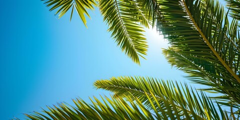 Fototapeta na wymiar Sunny tropical backdrop featuring palm fronds against a bright blue sky. ideal for travel or summer themes. summery, relaxing, and vibrant ambience. AI