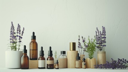 Beauty product display, slender flacons and oils, arranged with fresh lavender, on a monochrome ivory surface