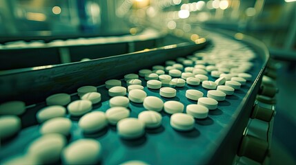 The epitome of pharmaceutical innovation as pills move dynamically on a conveyor in a high-tech drug manufacturing facility.