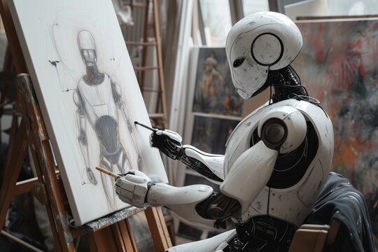 Robot Ai robot drawing on canva studio, Cyborg painting. Humanoid Robot.