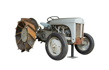 Vehicle photos A white tractor or tractor has no roof. For use in agricultural work The wheels at...