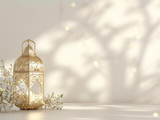 Ramadhan decoration with a golden colored lantern on a white background, religious islamic themes