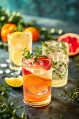 tropical cocktails drinks infused water lemonades in a curated editorial magazine setting with shadows and sunlight for beach bar summer refreshing ice with lemon lime grapefruit
