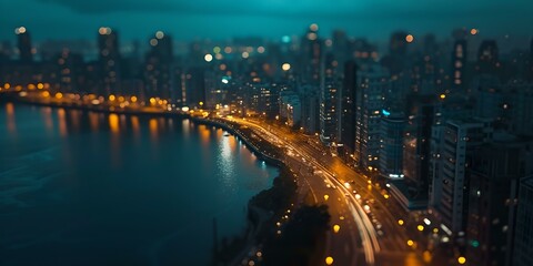 Dusk descends on a bustling cityscape, lights twinkle along a curving riverside road. urban skyline in twilight. atmospheric city photo for modern designs. AI