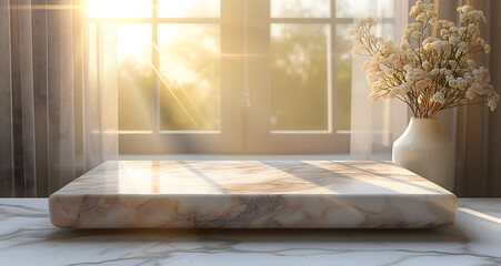 3d empty product display podium designed for presentations. A serene morning scene featuring a marble stand bathed in warm sunlight, complemented by a vase of delicate flowers.
