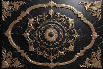 background, model of ceiling decoration with 3d wallpaper. decorative frame on black marble luxurious background and mandala