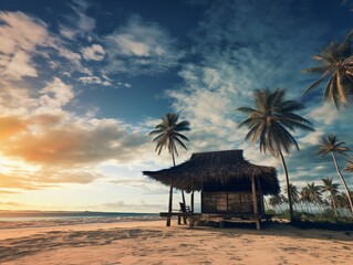 Obraz premium Seaside Serenity: A Wooden Hut Surrounded by Palm Trees on a Beach, Captured in a Panoramic Motion Blur Style with Batik-Inspired Details and Intricate Ceiling Designs