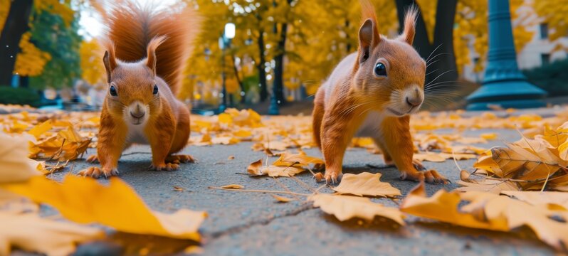 Wildlife animal photography background - Two sweet crazy red squirrel (sciurus vulgaris) in the park in autumn.