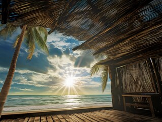 Seaside Serenity: A Wooden Hut Surrounded by Palm Trees on a Beach, Captured in a Panoramic Motion Blur Style with Batik-Inspired Details and Intricate Ceiling Designs