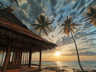 Seaside Serenity: A Wooden Hut Surrounded by Palm Trees on a Beach, Captured in a Panoramic Motion Blur Style with Batik-Inspired Details and Intricate Ceiling Designs
