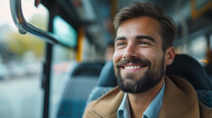 Portrait of handsome young man smiling while traveling by bus in city