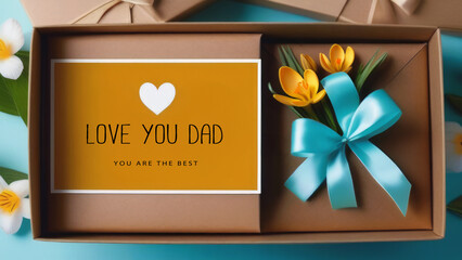 Craft Gift box with mint bow and white crocus flowers. "Love You Dad" text on gift card. Father day concept.
