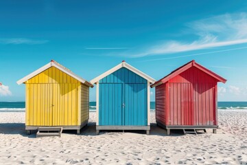 Fototapeta na wymiar Beach huts or bathing houses on the beach with blue sky background