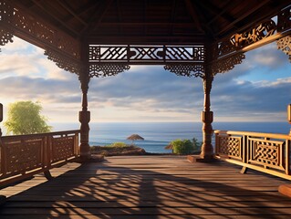 Oceanfront Bliss: An Outdoor Balcony with a Gazebo Overlooking the Azure Ocean, Captured in a Panoramic Motion Blur Style with Balinese Art-Inspired Details and Vibrant Play of Light and Shadow