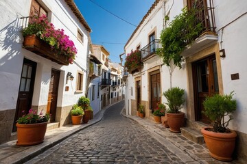 Picturesque narrow street in Spanish city old town. Typical traditional whitewashed houses with blooming plants, flowers, cobbled street in a small cozy town in Spain