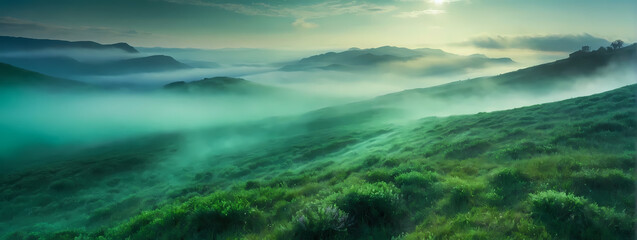 Enchanting emerald mist blanketing the ground, infusing the surroundings with a magical and mystical allure.