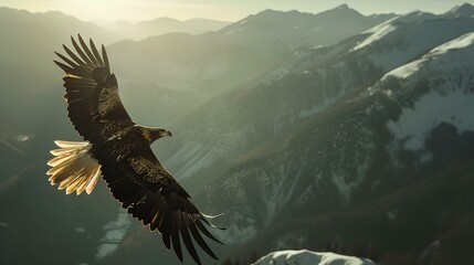 Majestic eagle soaring above snow-capped mountains, symbol of freedom. nature-inspired, serene landscape. perfect for wall art and educational use. AI