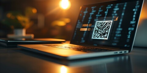 Close-up of a QR code displayed on a laptop screen in a dimly lit room, technology and information concept. AI - obrazy, fototapety, plakaty