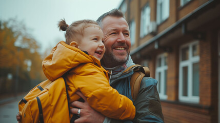 Fototapeta premium Joyful father carrying his young daughter to school, symbolizing gender equality