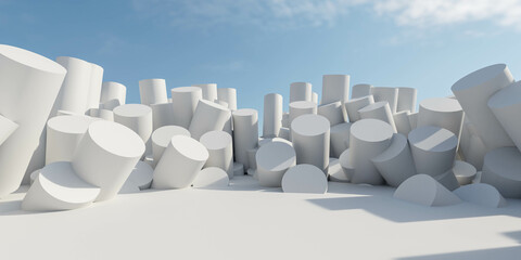 Large Group of white Objects on Metal Surface under sunny sky environment installation 3d render illustration