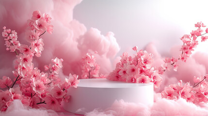 Delicate summer pink flowers and podium on pink abstract cloud scene mockup, copy space - AI Generated Abstract Art
