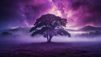 Enigmatic purple mist rising from the ground, creating an otherworldly atmosphere and adding a touch of mystery to the scene. - obrazy, fototapety, plakaty