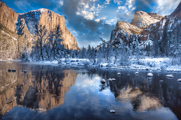 Winter Sunrise Reflections on Yosemite Valley View, Yosemite National Park, California